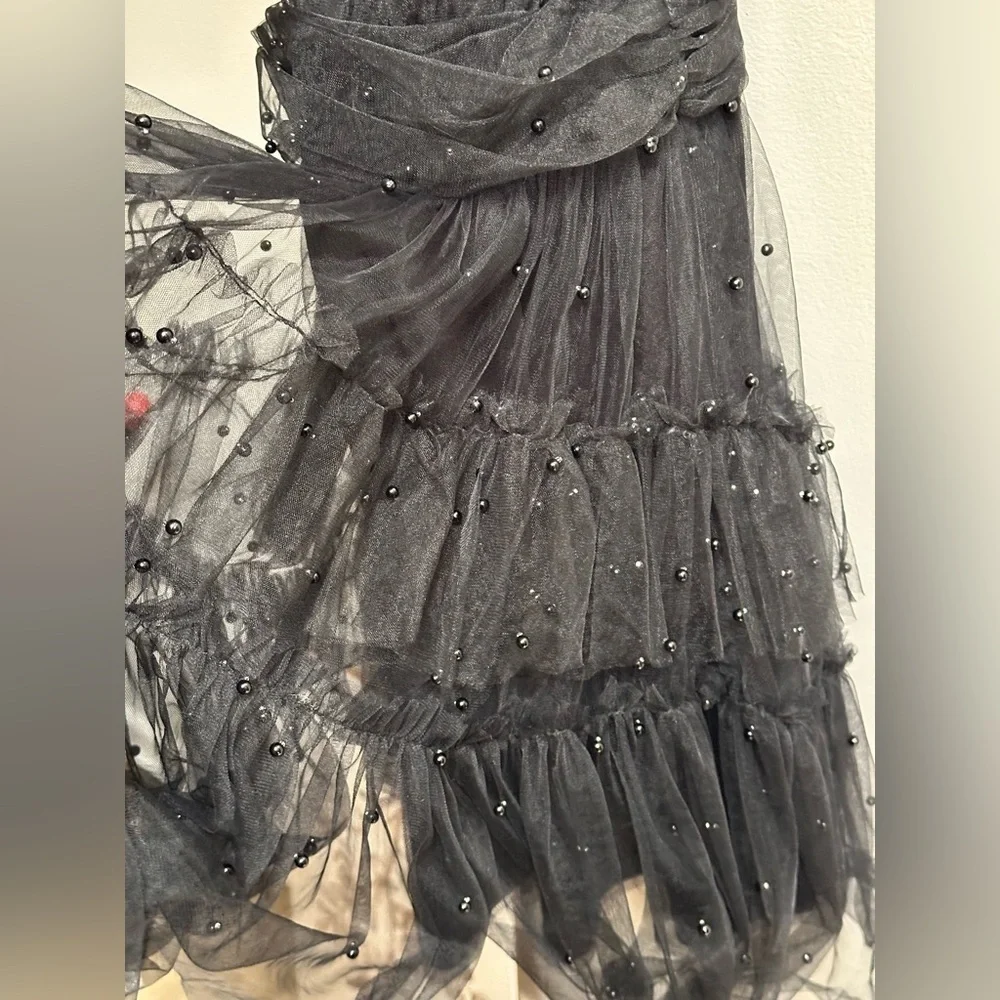 NEW Lulus Black Tulle Beaded Shoulder-Tie Tiered Mini Party Dress Women’s L READ - Picture 7 of 12